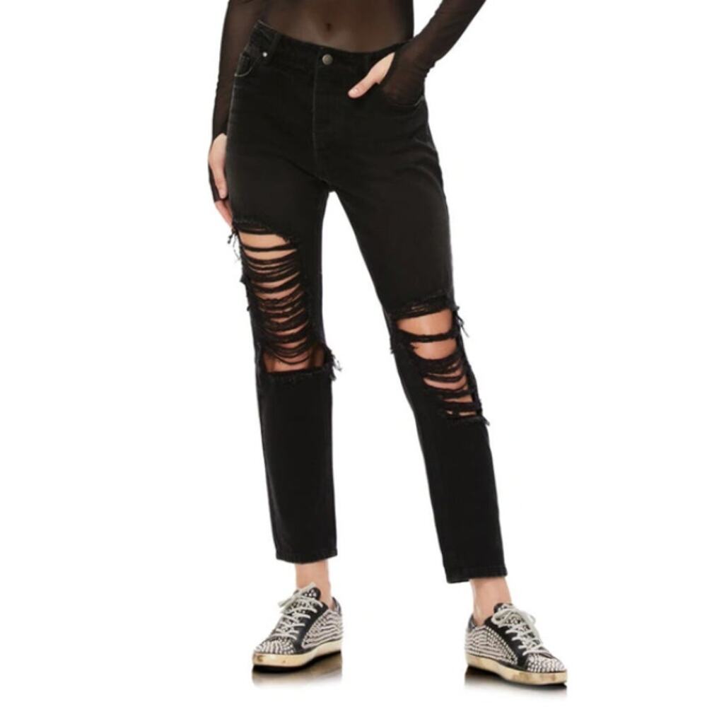 Afrm Cyrus Ripped High Waist Ankle Jeans in Black, Size 24